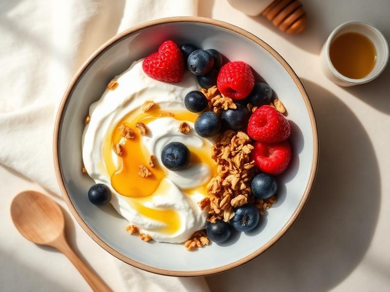 Illustrazione generata con AI della ricetta Yogurt di cocco con frutti di bosco e semi