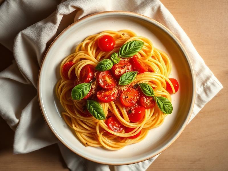Illustrazione generata con AI della ricetta Pasta con crema di anacardi e pomodorini