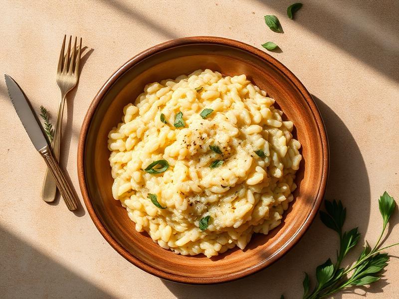 Illustrazione generata con AI della ricetta Risotto ai funghi mantecato all'olio