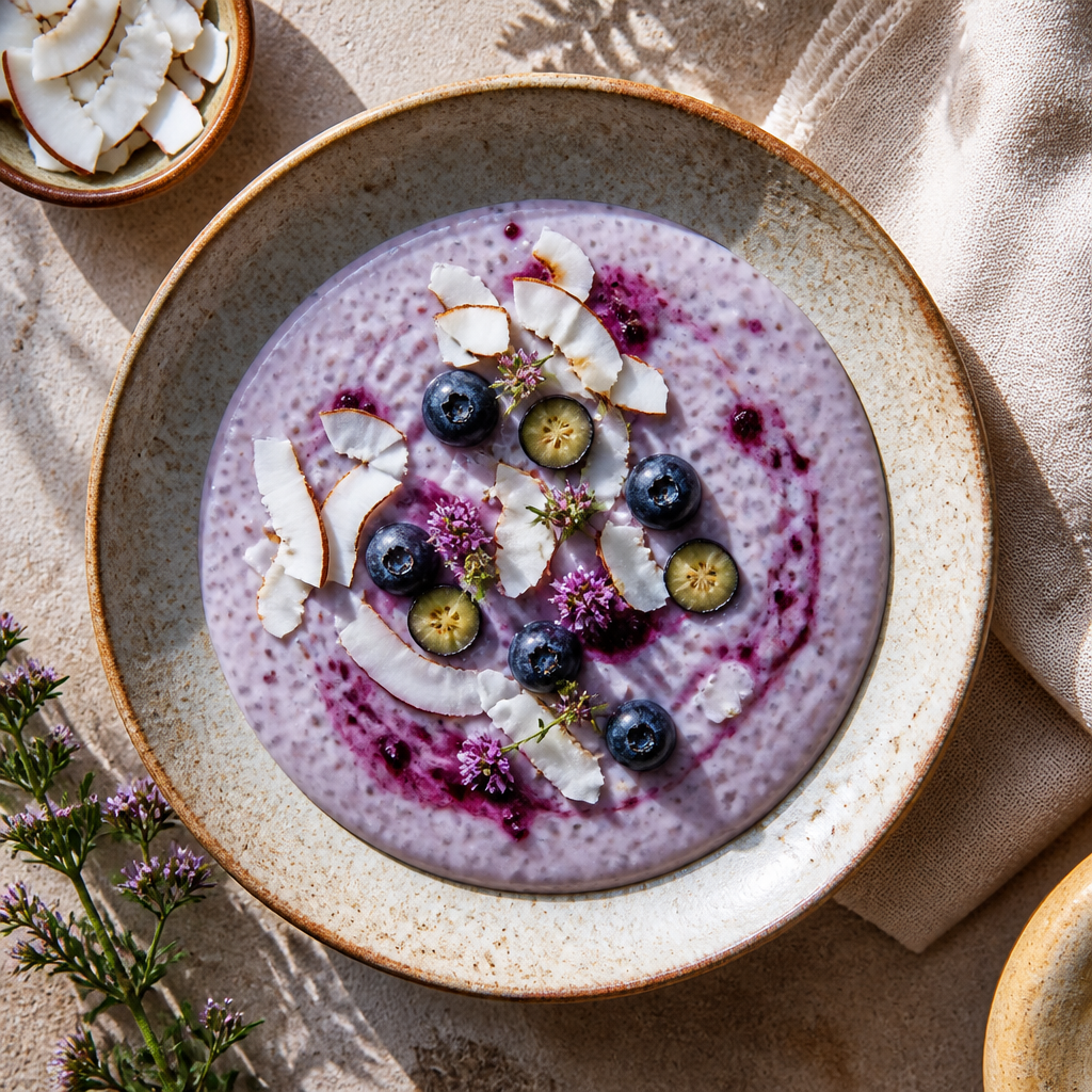 Foto della ricetta Crema di tapioca al cocco e mirtilli