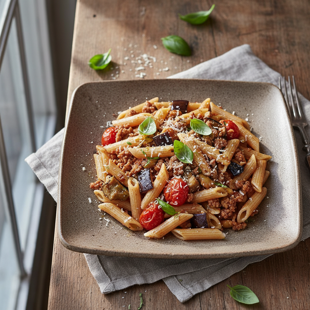 Foto della ricetta Pasta con macinato e melanzane