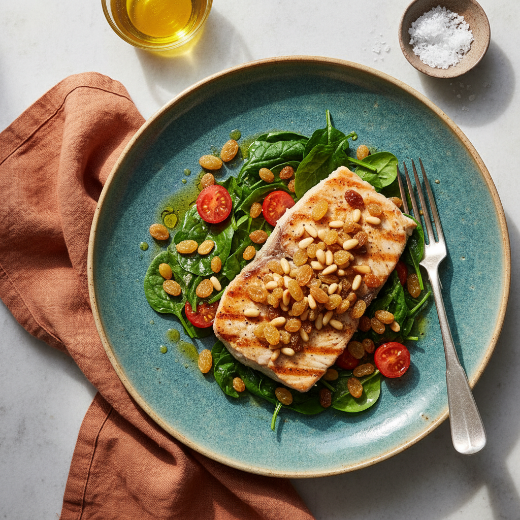 Foto della ricetta Pesce spada con uvetta e pinoli