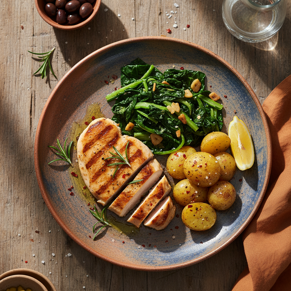 Foto della ricetta Petto di pollo alla piastra con bietole e patate