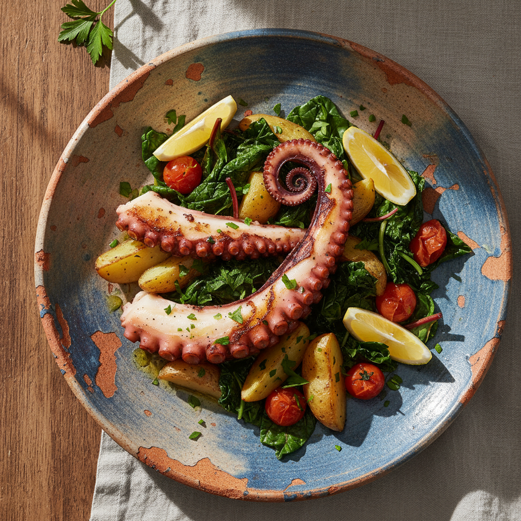 Foto della ricetta Polpo con verdure a foglia e patate