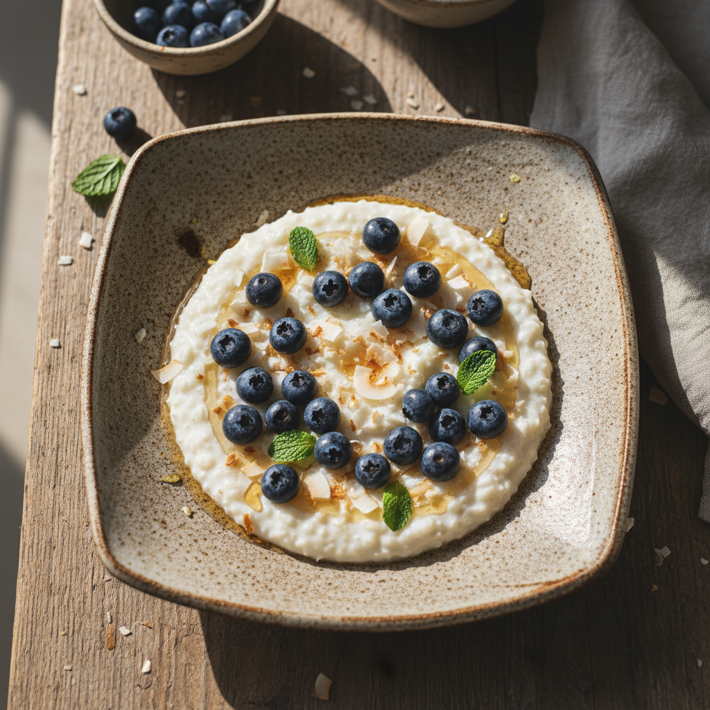 Foto della ricetta Porridge di riso e cocco con mirtilli