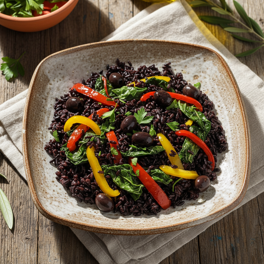 Foto della ricetta Riso nero con bietoline, peperoni e olive nere