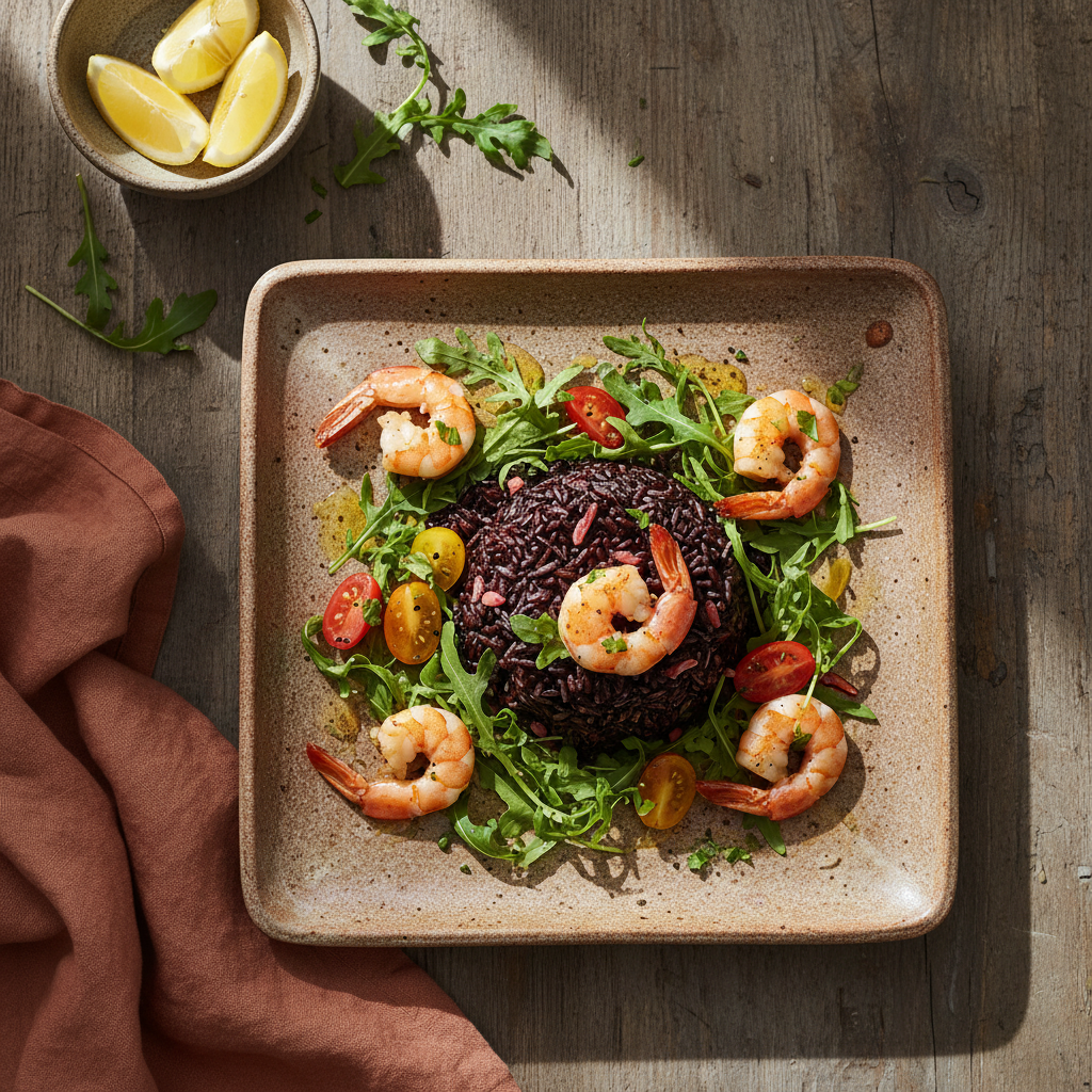 Foto della ricetta Riso venere con gamberi e rucola