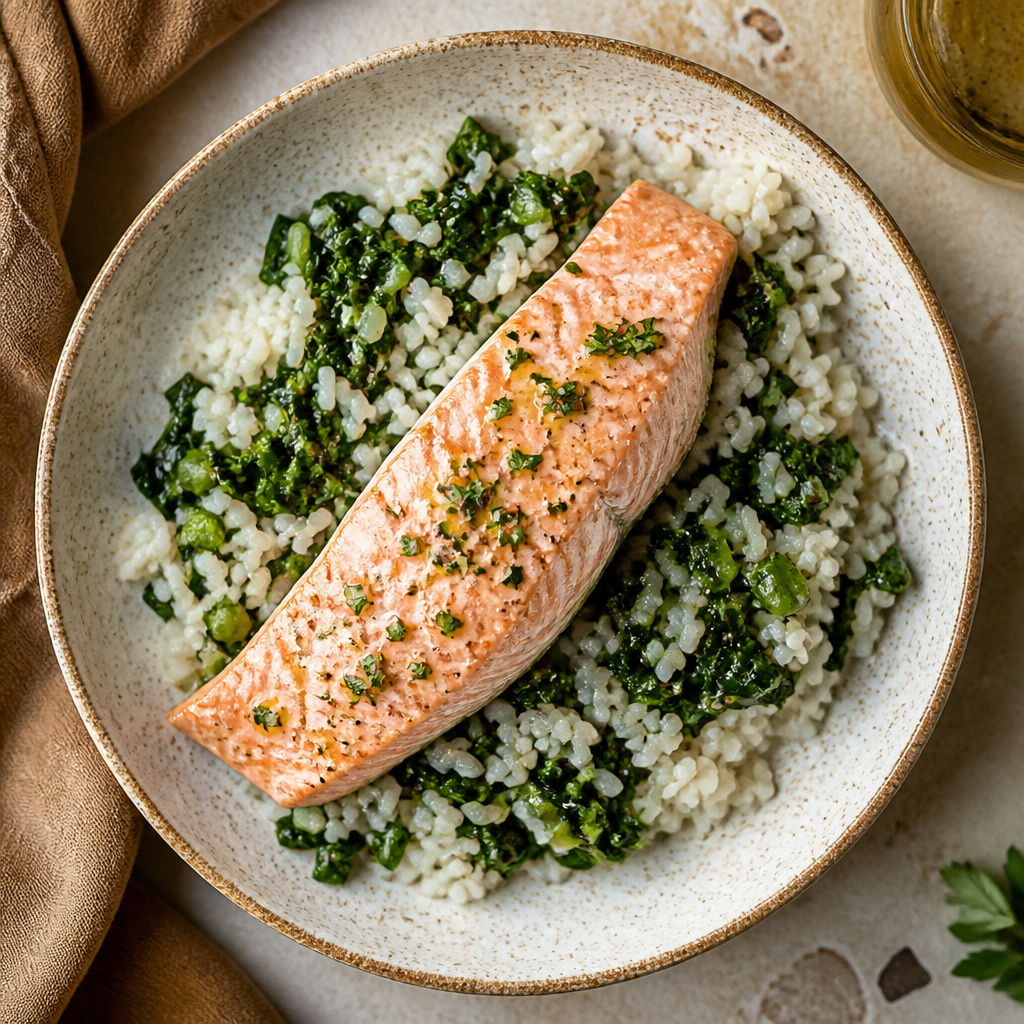 Foto della ricetta Salmone al vapore con riso e bietole