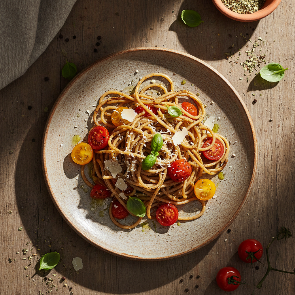 Foto della ricetta Spaghetti integrali bruciati con pomodorini