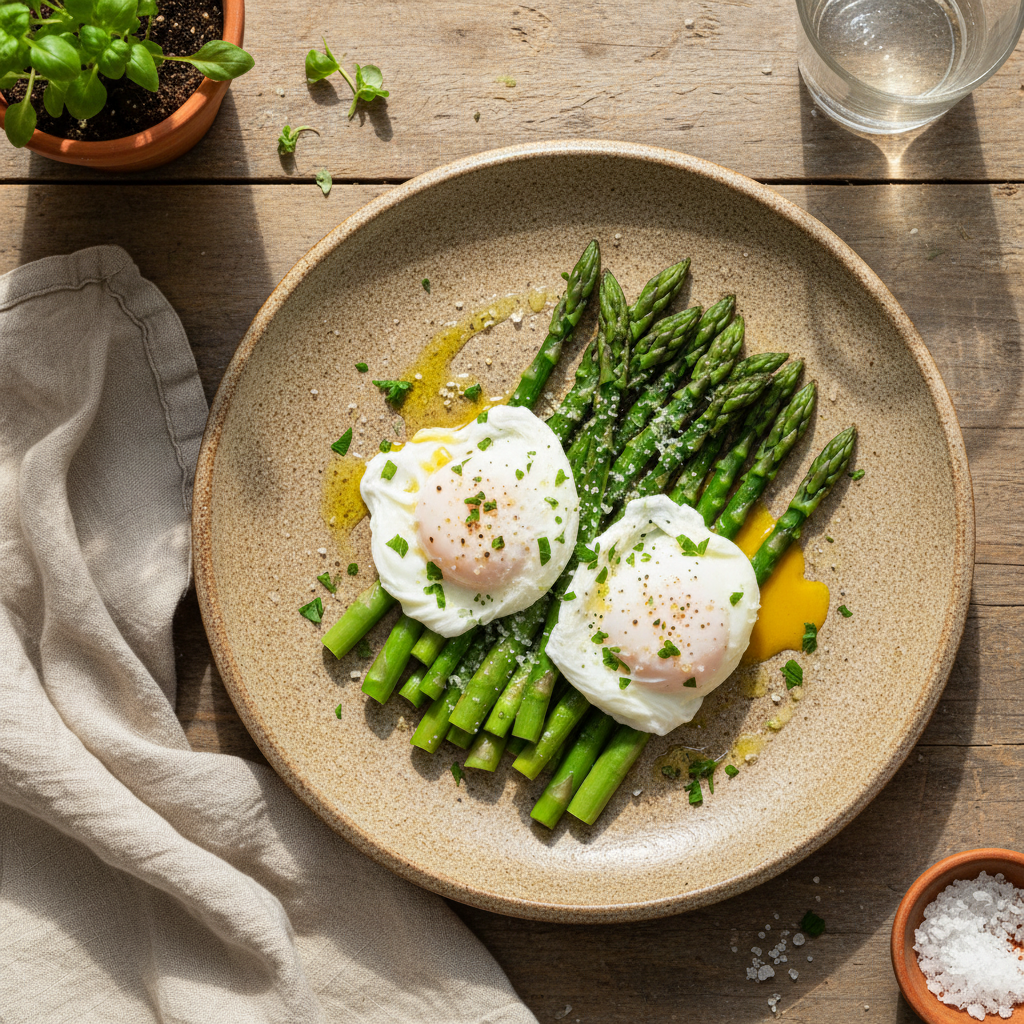 Foto della ricetta Uova in camicia con asparagi al vapore