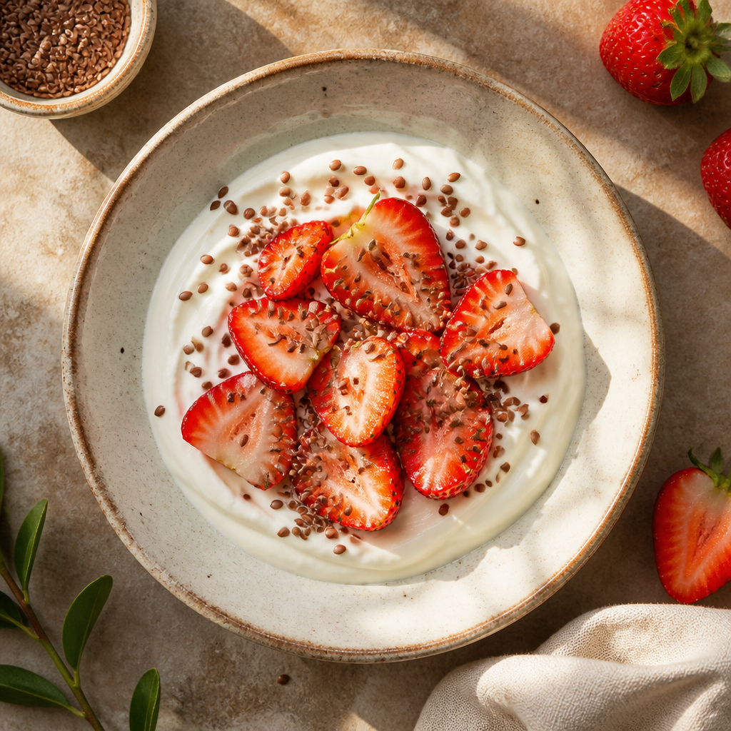 Foto della ricetta Yogurt di soia con fragole e semi di lino